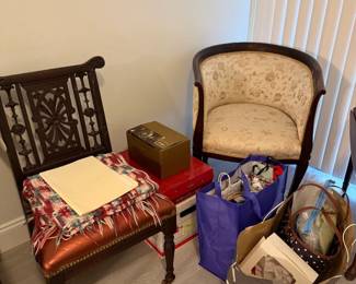 Antique chair with front wheels, antique padded chair, Pier 1 Christmas ornaments