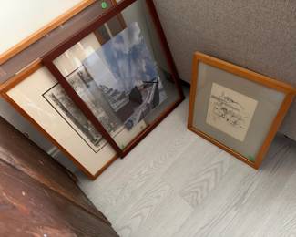 Various framed artwork