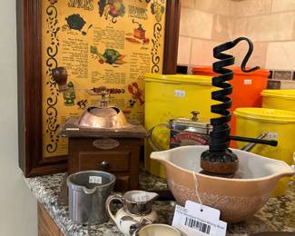 Pyrex Woodland Flower Mixing Bowl, Vtg Three Mountaineers Spice Cabinet 