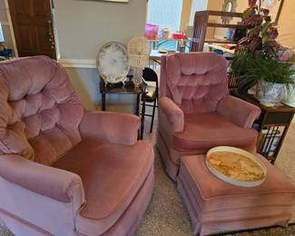 2 upholstered rocking chairs with one ottoman