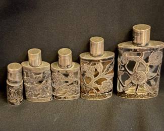 Antique perfume 5-bottle set with sterling silver overlay