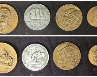 1) 1964 Bronze Charles Russell high-relief medallion 2) 1960 Official Pony Express Centennial - High Relief Medallion 3) 1967 Bronze Victory Medal, the 6 Days War 4) Samuel Finely Breese Morse -Great Americans Hall of Fame - Bronze