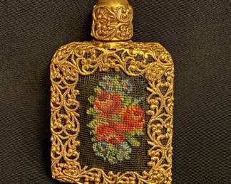 circa 1960s Vintage Brass Filigree Petit Point purse perfume bottle