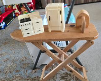 Vintage 1940s Renwal doll house refrigerator and stove with accessories (pots and pans for stove and food for the refrigerator) and child's wooden iron/ironing board