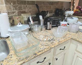 Baking dishes, cookware, Pyrex, serving dishes...fancy & casual, small appliances, glasses, mugs, and lots of utensils