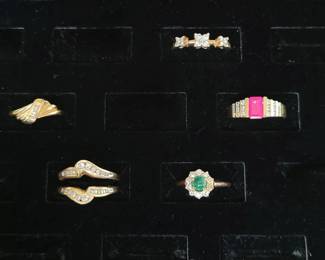 Gold diamond bands, antique emerald cabochon 