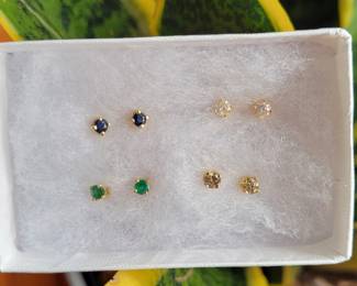 14k Emerald Sapphire Diamond Stud Earrings 