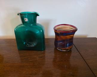 Vintage Blenko Teal Blue Green Double Spout Glass Water Pitcher Carafe Bottle