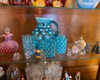 Fenton Blue Opalescent Glass Coin Dot Ruffled Pitcher one damaged glass.