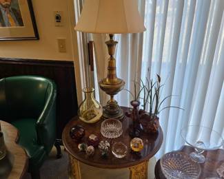 vintage two-tiered wooden side or end table, featuring carved details and cabriole legs, similar in style to Queen Anne or Louis XV furniture. 