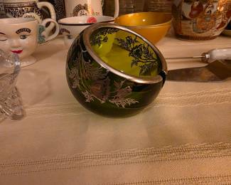 Vintage Green Art Glass Orb Ashtray with Silver Overlay Floral Design