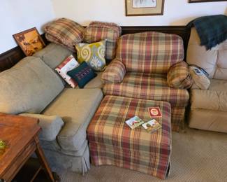 Excellent love seat and plaid arm chair. 