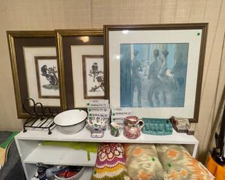 Framed Prints, pillows, tulip vase, pitchers
