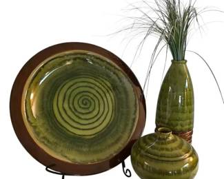 3 Pieces Of Green Brown Pottery Decor