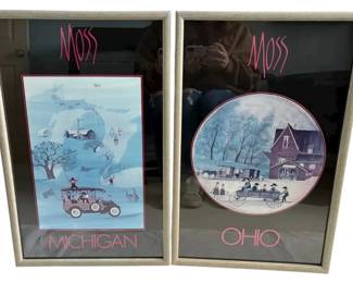 Two 17.5 x27  Moss Michigan  Ohio Framed Posters