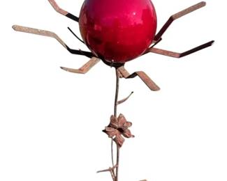 Red Gazing Ball With Decorative Floral Metal Stand
