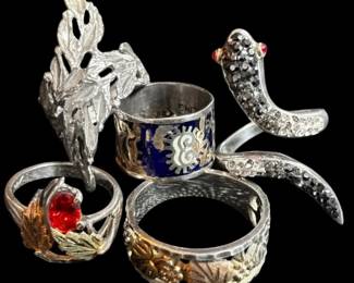 Sterling Silver Rings 10k Gold Plated Leaves, Rhinestone Snake,  More 20.6g Total