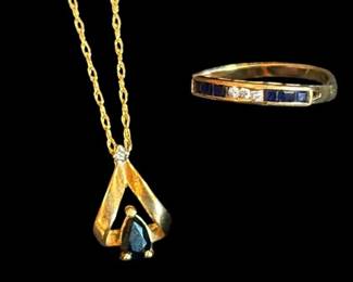 14k Gold Sapphire Diamond Teardrop Necklace Pendant w Matching Ring 3.38g Total