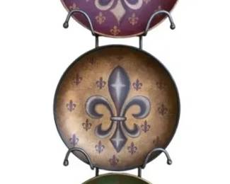 Fleur de lis Decor Plates With Hanging Metal Plate Rack