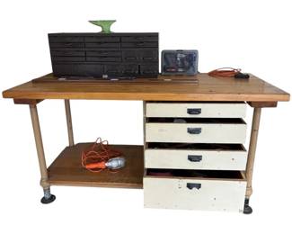 Wooden Workbench w Mystery Tools