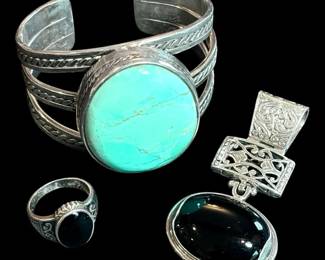 Sterling Silver Turquoise Cuff Bracelet, Onyx Filigree Pendant, Ring 116g Total