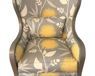 Grey Yellow Floral Wingback Chair W Accent Pillow