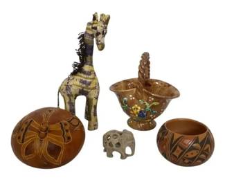 Miniature Hopi Pottery Bowl Signed, Gourd Butterfly Rattle, More