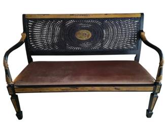 Vintage Cane Back Upholstered Bench With Floral Accents
