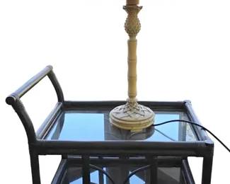 Brown Rattan Glass Bar Cart Style Side Table w Lamp