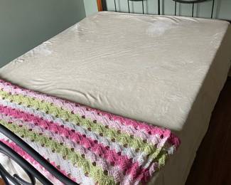 Queen metal bed frame, headboard, footboard, box spring, and mattress  - newer mattress, no stains or gross smells 