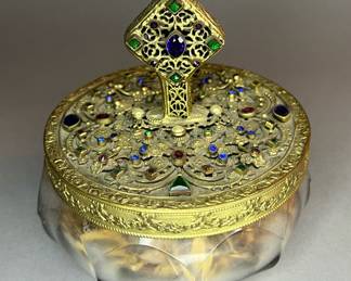 E&J.B. Empire Art Gold Bejeweled Vanity Trinket Box