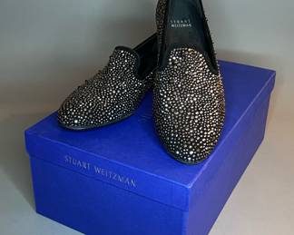 Stuart Weitzman Slipbeads Silver Metallic Black Suede Pump Shoe Loafer 