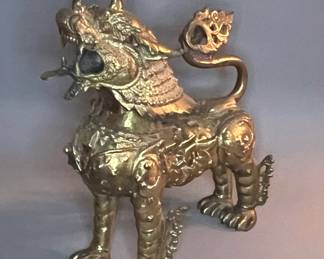 Vintage Tibetan Brass Guardian Temple Lion Figure (Foo Dog)