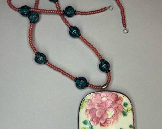 Vintage Chinese Pottery Shard Pendant & Necklace 