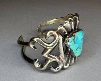 Native American Signed Sterling Silver Turquoise Bracelet 
