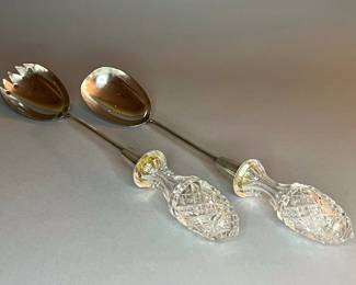 Sterling Silver Cut & Crystal Handle Salad Servers 