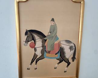 Vintage Art Depicting Asian Nobleman  on Horse Beautifully executed on Silk Linen