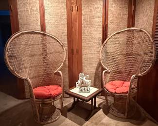 Vintage Boho Chic Beige & Black Wicker , Rattan, Reed Peacock Chairs 
