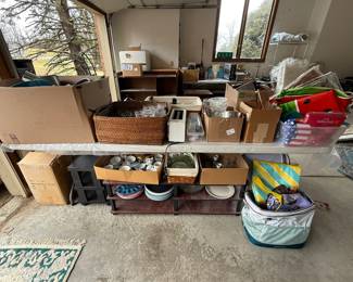 glassware, table cloths, coolers, kitchen appliances