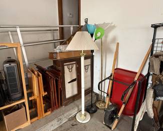 lamps, wheel barrow, tv trays, golf clubs