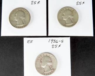 Circulated 1935, 1936 & 1936-S Washington Silver Quarters