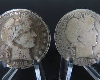 Lot of 2 Circulated 1908-S Barber Silver Half Dollars