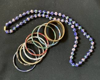Cloisonne Floral Bangles And Necklace