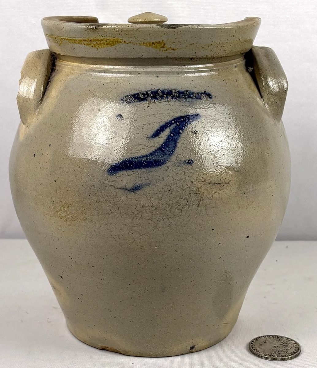 Antique c. 1830 N. Clark & Co. Lyons, New York 1 Gallon Stoneware Ovoid Jar w/ Blue Decoration and Lid
