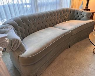 Vintage Ethan Allen Hollywood Regency Couch in Pale Blue Velvet 