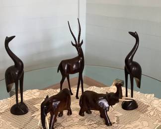 Hand Carved, Antique Ironwood Sculptures: Gazelle, Elephants, Cranes