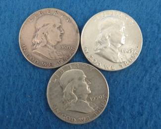 Lot 92. Three Franklin half dollars. 1950 P, 1950 D, and 1963 D.