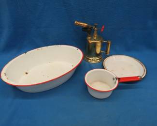 Lot 63. Antique brass #210 Turner blow torch and enamelware