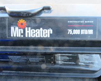 Lot 323. Mr. Heater 75,000 BTU/HR torpedo heater with a full tank and a full kerosene container