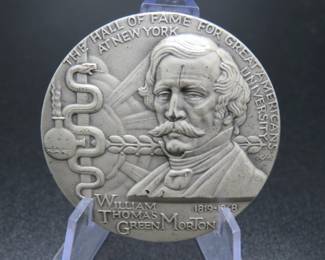 Lot 300. Medallion weighing 2.15 troy ounces of .999 pure silver from The Hall of Fame for Great Americans Series featuring George Peabody. Made by the New York Medallic Art Co.